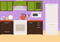 Kitchen interier. Bright interior in the style of flat. Kitchen furniture, appliances and items