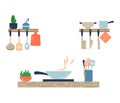 Kitchen interier. Cooking worktop with stove, frying pan, cutting board, storage jars.