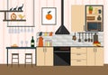 Kitchen interier. Kitchen furniture - cabinets with utensils, stove, microwave, food and a bar with glasses. Items for