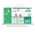 Kitchen interier. Stylish and modern design - cupboards with dishes, refrigerator and stove, kitchen accessories. Vector Royalty Free Stock Photo