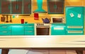 Kitchen interior background vector cartoon illustration of modern or retro kitchen furniture and appliances Royalty Free Stock Photo