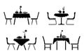 Kitchen interior black and white icon set. Table and chair cafe design pictogram.