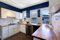 Kitchen interior in bright navy and white colors