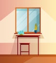 Kitchen interior cartoon vector illustration. Home cooking room with wooden dining table and chair near the window Royalty Free Stock Photo