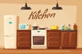 Kitchen interior with furniture. Cartoon vector illustration Royalty Free Stock Photo