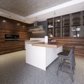 Kitchen interior with concrete walls, white countertops and consoles, large windows, a concrete floor and a bar stand with stools