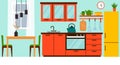 Kitchen interior design. Modern cozy style. Household appliances. Vector illustration in flat cartoon style. Royalty Free Stock Photo