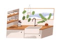 Kitchen interior design with sink and faucet, clean kitchenware and utensil, window and plants. Modern home with wood
