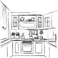 Kitchen interior drawing. Furniture sketch