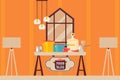 Kitchen interior flat style, cooking setup food blog vector illustration