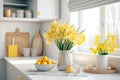 Kitchen interior with a fresh bouquet of yellow daffodils near the window. Light spring style. Generative ai