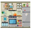 Kitchen interior with fridge  dishwasher  kitchen furniture and utensils. Vector set Royalty Free Stock Photo