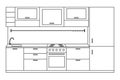 Kitchen interior front view, linear sketch. Line kitchen with furniture, stove, fridge, cupboards and shelves. Vector.