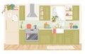 Kitchen interior with furniture. Furniture banner concept. Dining area in the house Illustration in French country style