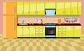 Kitchen interior with furniture. Home cooking room with kitchen cabinets, fridge, oven, microwave, hob and extractor hood. Cozy