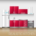 Kitchen interior with furniture in realistic style. Modern vector illustration Royalty Free Stock Photo
