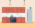 Kitchen interior with furniture and stove, cupboard, fridge and utensils. Flat cartoon style vector illustration. Royalty Free Stock Photo