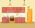 Kitchen interior with furniture, stove, cupboard, fridge and utensils. Flat cartoon style vector illustration. Royalty Free Stock Photo