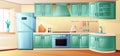 Kitchen interior. Inside cartoon room. House with windows and dining table. Furniture for cooking. Retro fridge and