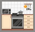 Kitchen interior. Kitchen cabinets, oven, microwave and dishes.