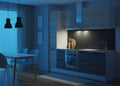 Kitchen interior in a modern style. Night. Evening lighting. Royalty Free Stock Photo