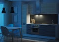 Kitchen interior in a modern style. Night. Evening lighting. Royalty Free Stock Photo