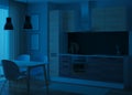Kitchen interior in a modern style. Night. Evening lighting. Royalty Free Stock Photo