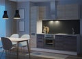 Kitchen interior in a modern style. Night. Evening lighting. Royalty Free Stock Photo