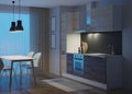 Kitchen interior in a modern style. Night. Evening lighting. Royalty Free Stock Photo