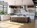 Kitchen Interior in New Upscale Residence with Island, Sink, Cabinetry, and Hardwood Flooring. Showcases Sophisticated Royalty Free Stock Photo