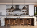 Kitchen Interior in New Upscale Residence with Island, Sink, Cabinetry, and Hardwood Flooring. Showcases Sophisticated Royalty Free Stock Photo