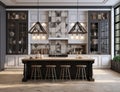 Kitchen Interior in New Upscale Residence with Island, Sink, Cabinetry, and Hardwood Flooring. Showcases Sophisticated Royalty Free Stock Photo