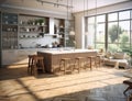 Kitchen Interior in New Upscale Residence with Island, Sink, Cabinetry, and Hardwood Flooring. Showcases Sophisticated Royalty Free Stock Photo