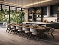 Kitchen Interior in New Upscale Residence with Island, Sink, Cabinetry, and Hardwood Flooring. Showcases Sophisticated Royalty Free Stock Photo