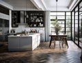 Kitchen Interior in New Upscale Residence with Island, Sink, Cabinetry, and Hardwood Flooring. Showcases Sophisticated Royalty Free Stock Photo