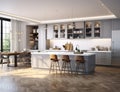 Kitchen Interior in New Upscale Residence with Island, Sink, Cabinetry, and Hardwood Flooring. Showcases Sophisticated Royalty Free Stock Photo