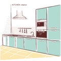 kitchen interior room.Vector color sketchy illustration background