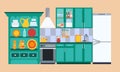 Kitchen interior with shelves, dishes, refrigerator, kitchen utensils. Sea green kitchen Royalty Free Stock Photo