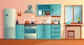 Kitchen interior witn furniture cartoon vector illustration. Home cooking room with wooden dining table, kitchen Royalty Free Stock Photo