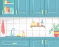 Kitchen interior with wooden cabinets. Sink on the countertop and dish. Flat vector illustration