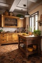 Kitchen interior with wooden furniture, table, chairs and tablecloth. Colonial style