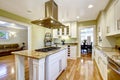 Kitchen island with built-in stove, granite top and hood