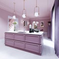 Kitchen island lilac color in trendy country style with light over and decor Royalty Free Stock Photo