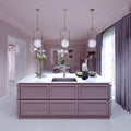 Kitchen island lilac color in trendy country style with light over and decor Royalty Free Stock Photo