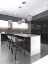 Kitchen island with three bar stools and round glass chandeliers in contemporary black and white kitchen