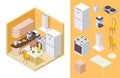 Kitchen isometric. Vector dinner room interior. Isometric fridge, table, tea pot, kitchen furniture