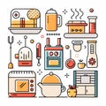 Kitchen items cooking, gadgets, appliances, tools, and utensils, stylized with outlined shapes Royalty Free Stock Photo