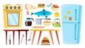 Kitchen Items Vector. Refrigerator, Table, Food, Tableware, Objects. Isolated Cartoon Illustration Royalty Free Stock Photo