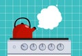 Kitchen kettle on the gas stove. Vector flat illustration. Royalty Free Stock Photo