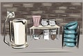 Kitchen, kettle, shelf with dishes and spices, plates. Cans of coffee and sugar. Still life with household items. Organization of